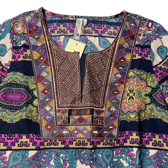 NWT Boho Printed Mini Dress Sz.L Shift Multi Embroidered 70s  Festival - Picture 7 of 11